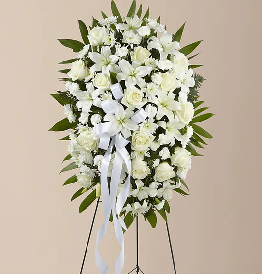 Exquisite Tribute Standing Spray-White Ribbon