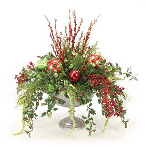 Holly,Berries,Red Glittered Branches In Silver Urn
