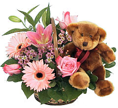 Basket of Flowers with Bear